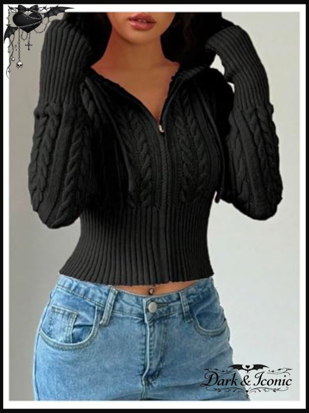 Crop Cardigan Sweater Cable Knit Zip Up Hoodie Long Sleeve Medium - Picture 4 of 5